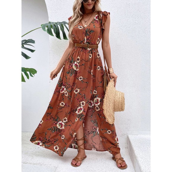 boho Floral Print Ruffle Trim Slit Thigh maxi Dress (Without Belt) - Picture 3 of 11